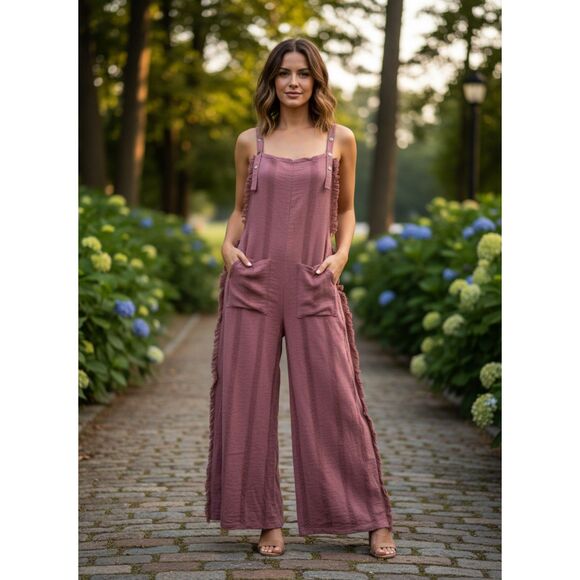 Pants - Piel De Mar Beachwear Mauve Wide Leg Fringe Overall Jumpsuit Cover Up Size M
